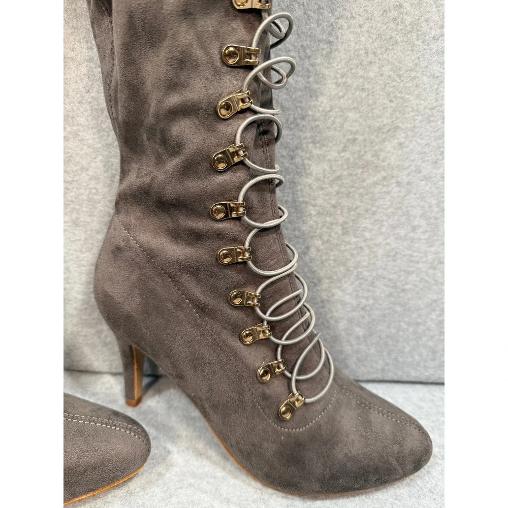 Gray Suede Wide-Calf Lace-Up Over The Knee Boots Size 8 OTK Heels Pointed‎ Toe